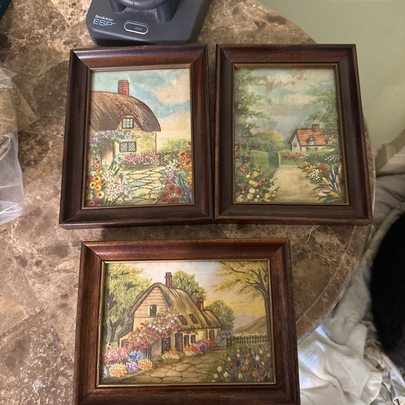 Set of Three Vintage Framed Cottage Prints on Fabric with Embroidered Flowers - Picture 2 of 12